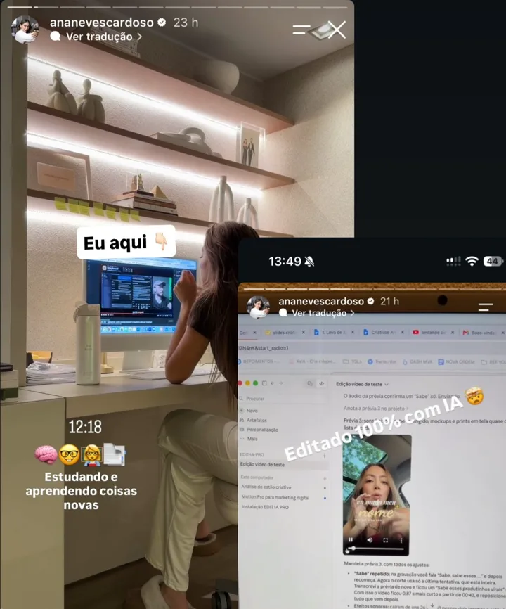Dois stories de Ana Neves Cardoso: ela no computador, estudando, e a tela do Claude editando um vídeo com o EDIT.IA PRO, com a frase Editado 100% com IA.